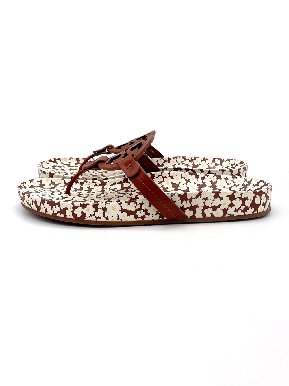 Tory Burch Miller Cloud Sandals Sz 8.5 Brown Floral Logo Leather Flip Flop Slide - Picture 2 of 16